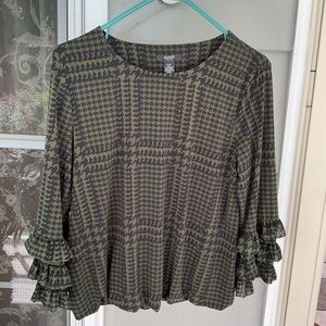 Alfani Women's Long Bell Ruffled Sleeve Blouse Green Black Top Medium Petite EUC